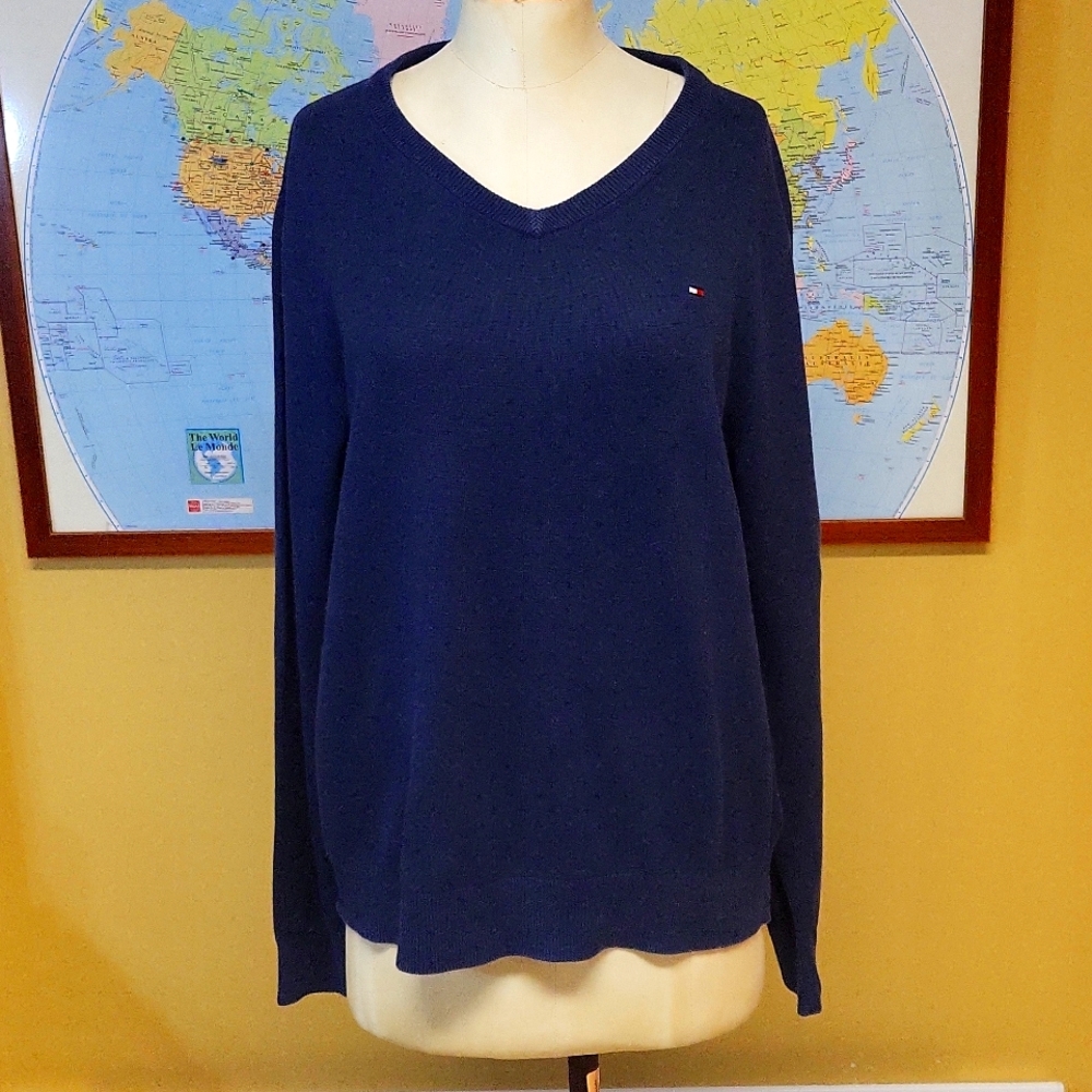 Tommy Hilfiger Signature V Neck men's Long sleeves Sweater,  medium,  navy blue